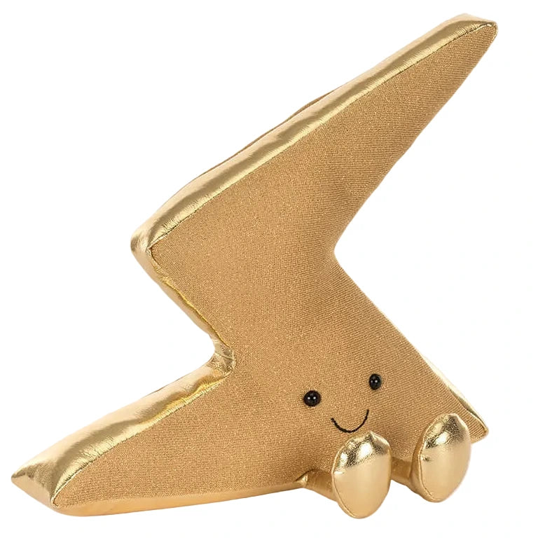 The Jellycat Amuseables Zapperty Lightning Bolt is a plush toy shaped like a gold lightning bolt, featuring two small feet, black eyes, and a smiling face.