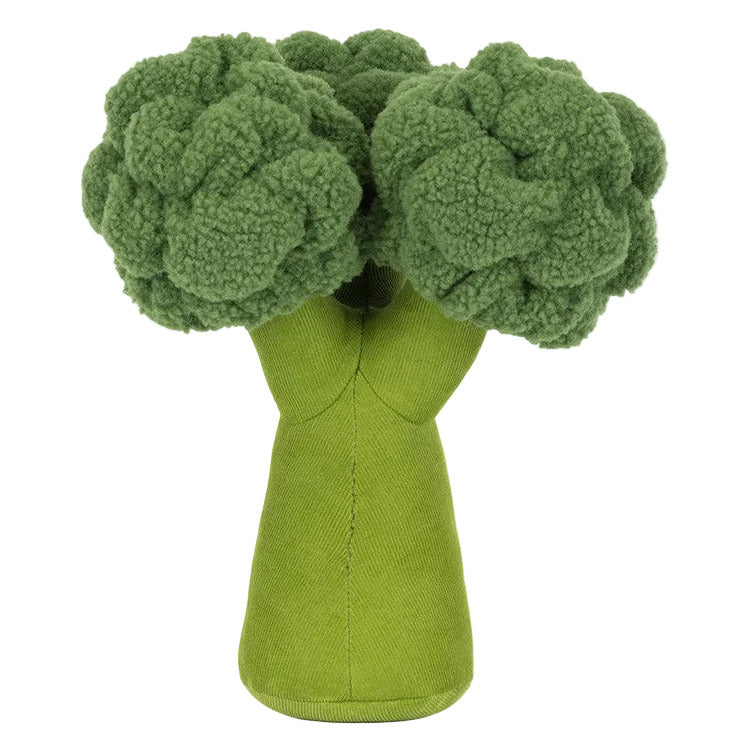 The Jellycat Amuseables Broccoli is a plush toy shaped like a head of broccoli, with textured green florets and a smooth green stalk.