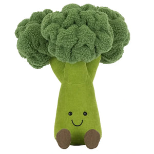 The Amuseables Broccoli by Jellycat is a plush toy with green textured florets, a smiling face, and small brown feet.