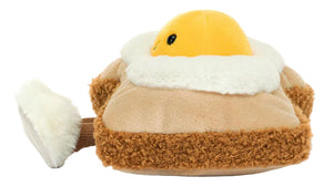 The Jellycat Amuseables Egglantine Egg on Toast is a plush toy resembling a slice of toast topped with a yellow chick face and a fluffy white edge, shown against a white background.