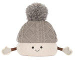 Jellycat Amuseables Pomilly plush toy features a smiling face, gray knit hat with pom-pom, and white mittened arms—perfect for a cozy Christmas party.