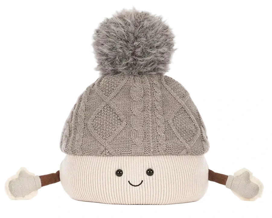 Jellycat Amuseables Pomilly plush toy features a smiling face, gray knit hat with pom-pom, and white mittened arms—perfect for a cozy Christmas party.