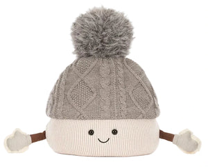 Jellycat Amuseables Pomilly plush toy features a smiling face, gray knit hat with pom-pom, and white mittened arms—perfect for a cozy Christmas party.