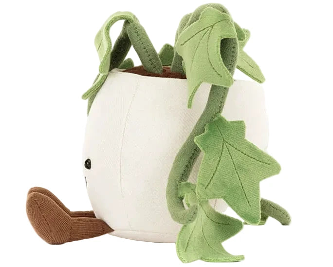 Jellycat’s Amuseables Ivy is a plush toy shaped like a white pot with a brown spout, green leafy vines, and a cute face—making it an ideal friendship gift.