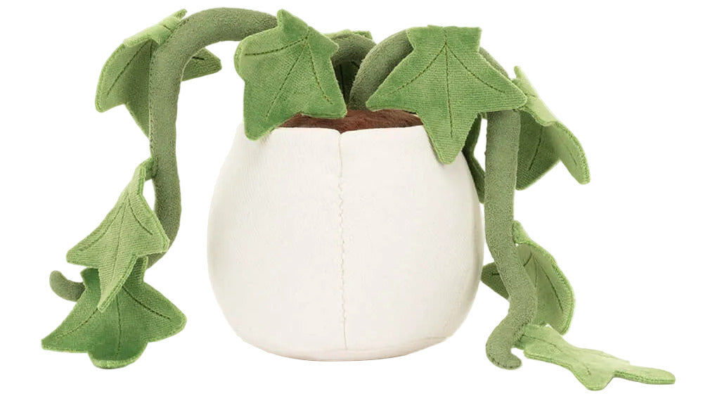 Amuseables Ivy by Jellycat is a plush toy shaped like a white pot with green leaves, designed to resemble a potted plant—a charming and unique friendship gift.