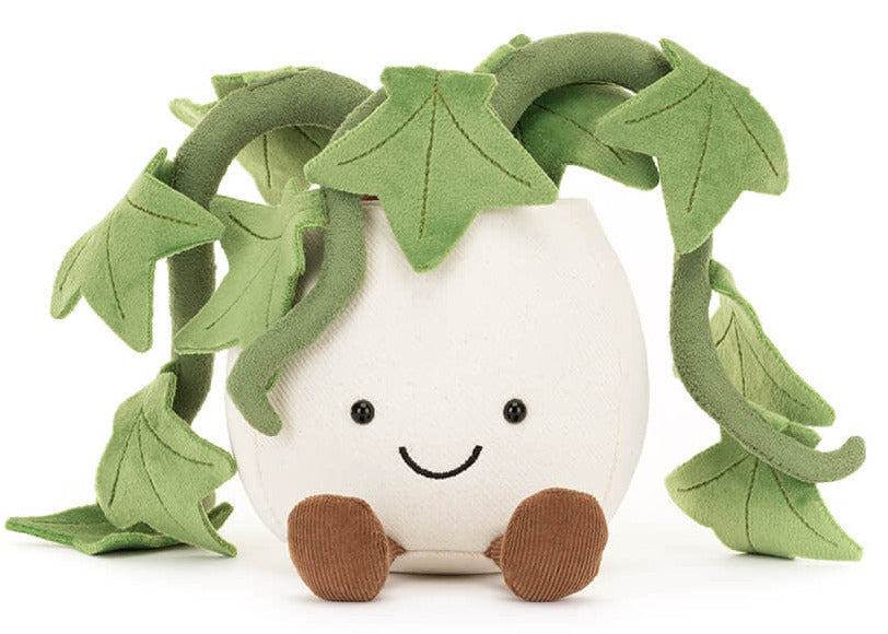 The Jellycat Amuseables Ivy is a plush toy with green leafy vines, a white round pot, smiling face, and brown feet—perfect as a friendship gift.
