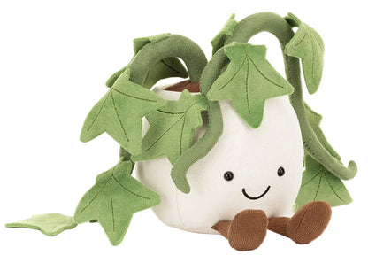 The Jellycat Amuseables Ivy is a plush toy shaped like a white flowerpot with brown feet, green fabric leaves, and a smiling face—making it an adorable friendship gift.