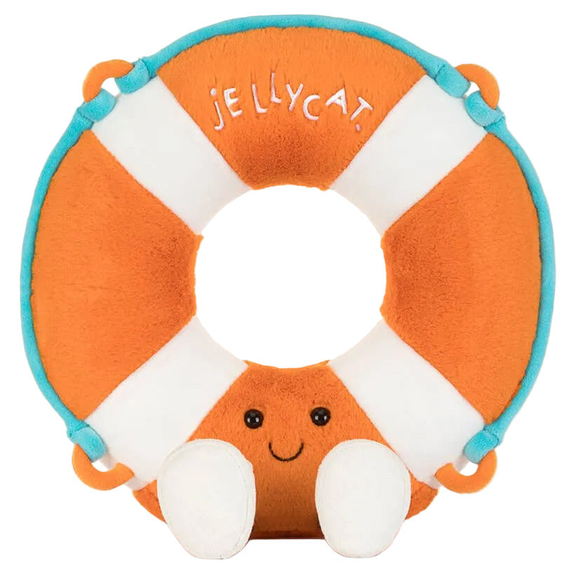 Jellycat Life Ring plush toy shaped like an orange and white life ring with a smiling face.