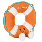 Jellycat Life Ring plush toy shaped like an orange and white life ring with blue trim, a smiling face, and embroidered “Jellycat” text.