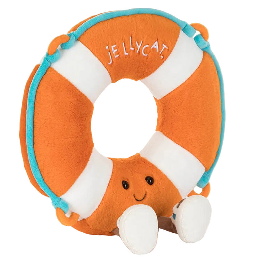 Jellycat Life Ring plush toy shaped like an orange and white life ring with blue trim, a smiling face, and embroidered “Jellycat” text.