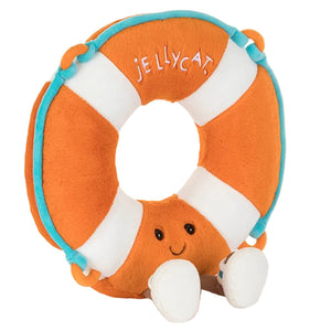 Jellycat Life Ring plush toy shaped like an orange and white life ring with blue trim, a smiling face, and embroidered “Jellycat” text.