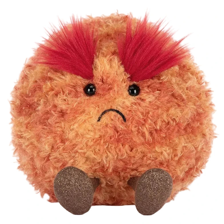 The Jellycat Amuseables Planet Mars is a round, fluffy orange plush toy with red fur eyebrows, black eyes, a sad frown, and small brown feet.