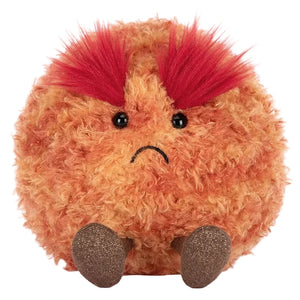 The Jellycat Amuseables Planet Mars is a round, fluffy orange plush toy with red fur eyebrows, black eyes, a sad frown, and small brown feet.