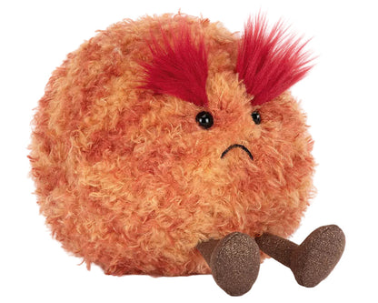 The Jellycat Amuseables Planet Mars is a round, fluffy orange plush toy with red tufted eyebrows, a sad face, and small brown legs shown on a white background.