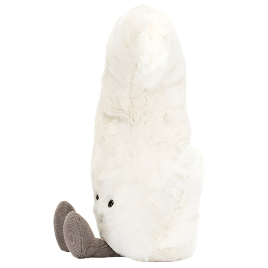 A Jellycat Amuseables Moon plush toy with small black eyes and gray corduroy legs sits upright against a white background.