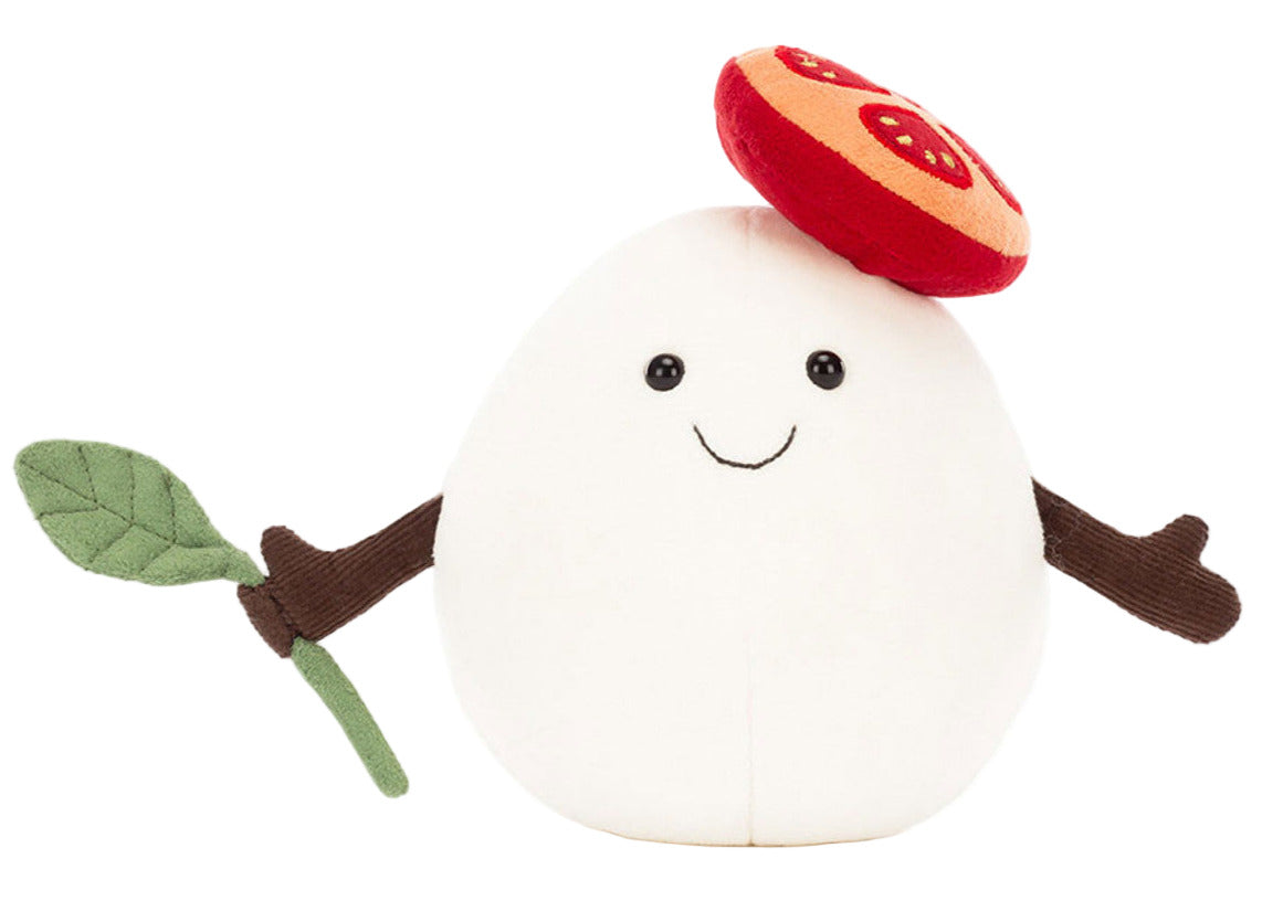 The Amuseables Mozzarella by Jellycat is a white egg-shaped plush with a smiling face, brown arms, a green leaf, and a red mushroom cap—an adorable cheese gift for any plush fan.