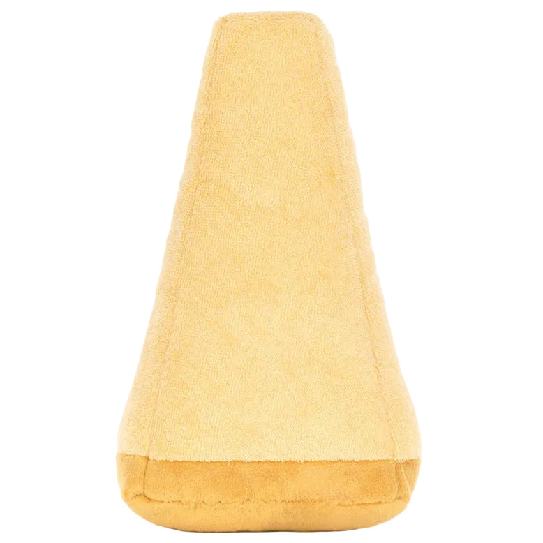 The Jellycat Amuseables Parmesan is a yellow, wedge-shaped plush pillow with soft textured fabric, designed to resemble Parmesan cheese—a quirky foodie gift—shown from the front against a white background.
