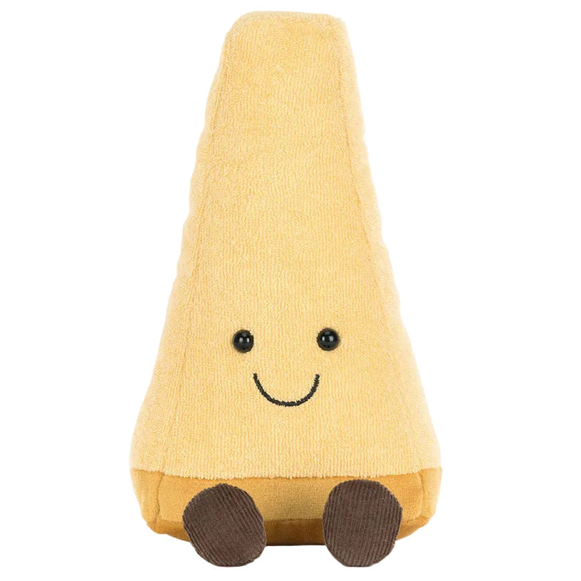 The Jellycat Amuseables Parmesan is a plush toy shaped like a wedge of Parmesan cheese, featuring a smiling face and little brown feet—an adorable gift for any foodie.