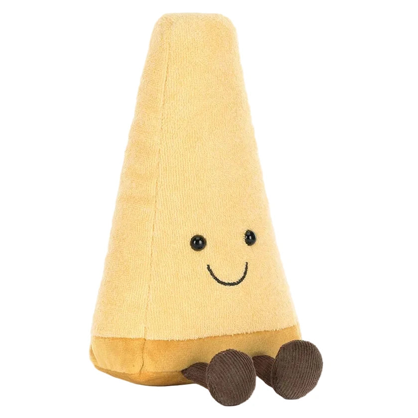 The Jellycat Amuseables Parmesan is a plush toy shaped like a smiling yellow cheese wedge with brown feet, sitting upright against a white background—a quirky gift for any foodie.