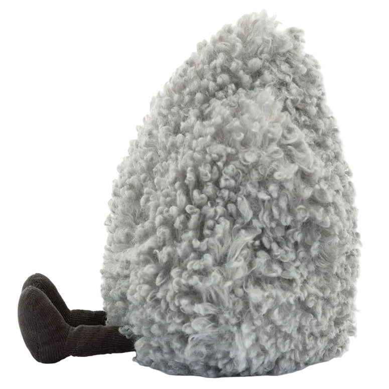 The Jellycat Amuseables Storm Cloud is a fluffy, gray plush toy with a curly texture and two small dark feet, shown from the side against a white background.