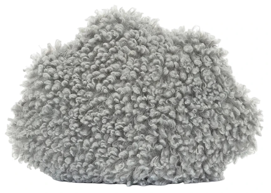 Against a white background, the image shows the Amuseables Storm Cloud plush by Jellycat—gray, curly, and shaggy like a fluffy pillow or cushion.