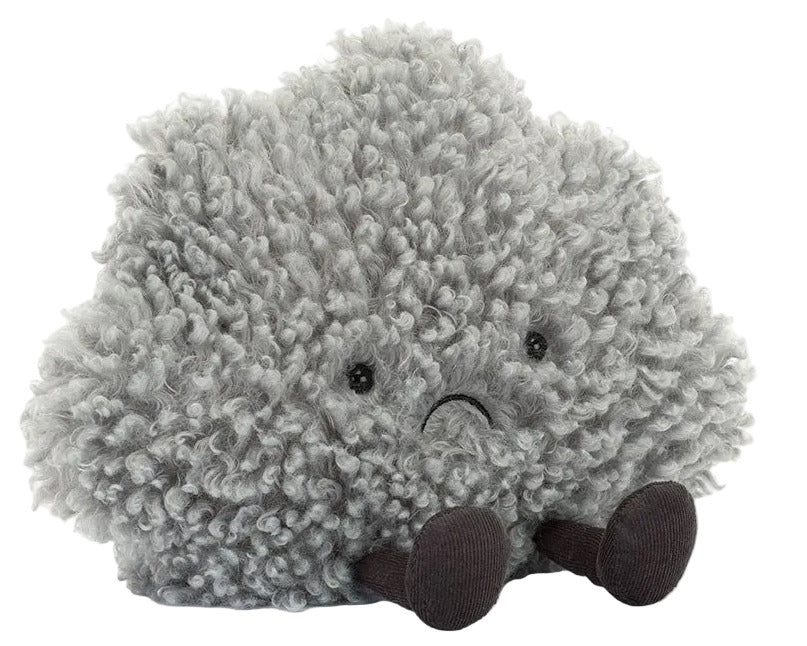 The Jellycat Amuseables Storm Cloud is a fluffy gray plush with a sad face, black eyes, and small brown legs—perfect as a unique gift.