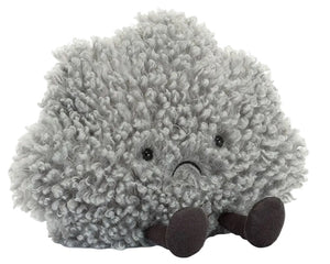 The Jellycat Amuseables Storm Cloud is a fluffy gray plush with a sad face, black eyes, and small brown legs—perfect as a unique gift.