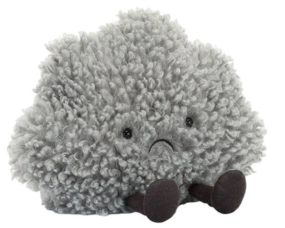 The Jellycat Amuseables Storm Cloud is a fluffy gray plush with a sad face, black eyes, and small brown legs—perfect as a unique gift.