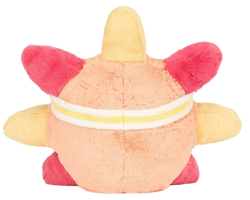 Jellycat's Amuseables Sun 'Roller Skates' plush features a round body, yellow and pink spikes, and a white and yellow striped band around its middle—shown from the back, ready to roll along the boardwalk.