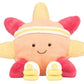 The Jellycat Amuseables Sun 'Roller Skates' is a plush toy with a smiley face, sporty headband, two small dumbbells, and bright yellow and pink rays—perfect for roller skating fun along the boardwalk.