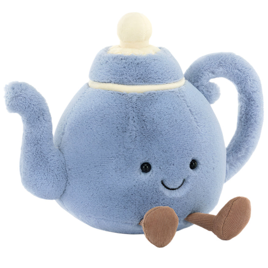 Amuseables Vicky Teapot by Jellycat is a plush blue fur teapot with a smiling face, brown legs, and a lid—perfect for teatime.