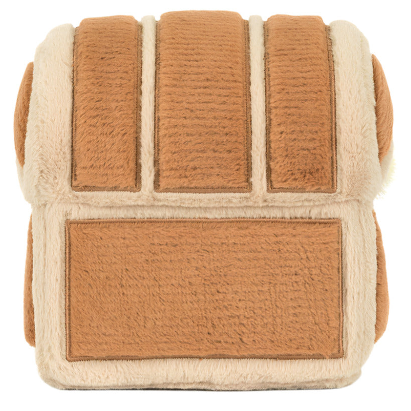 The Jellycat Amuseables Treasure Chest is a plush pillow resembling a brown and beige loaf, with segmented sections and a soft, textured surface—a cozy find after any adventure.