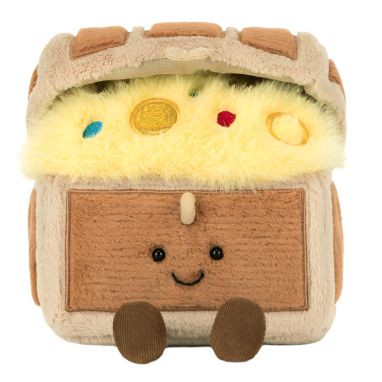 The Jellycat Amuseables Treasure Chest is a plush toy with a smiling face, yellow fluffy "gold," and plush coins in its open lid—perfect for imaginative pirate adventures and treasure hunting playtime.