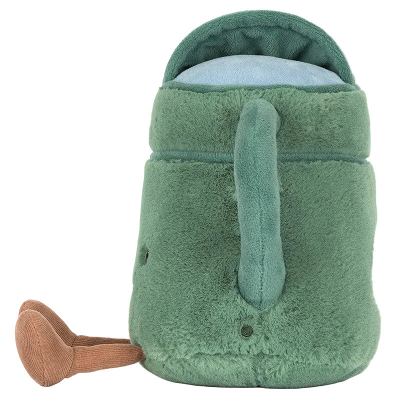 The Jellycat Amuseables Watering Can is a plush toy shaped like a green watering can with a brown spout and blue inner lining.