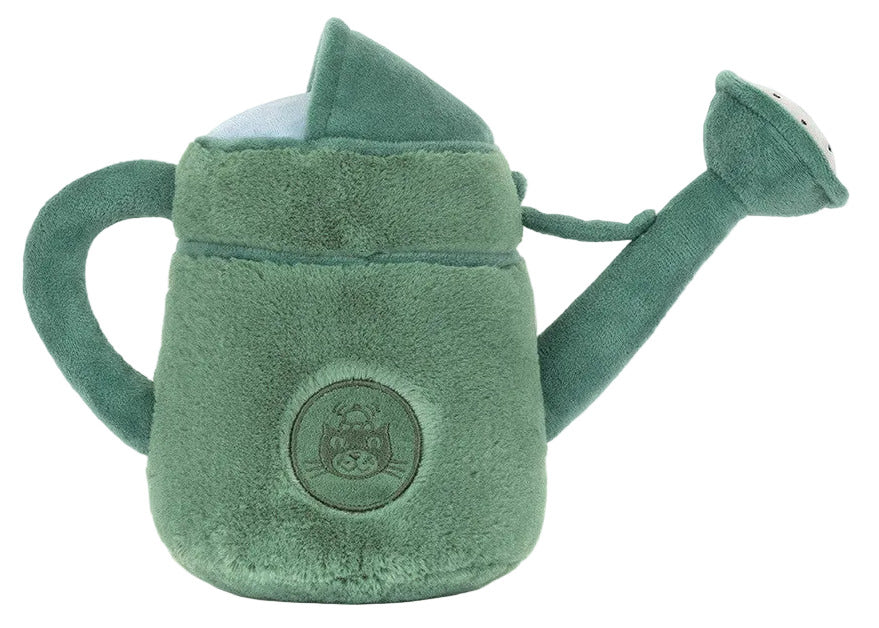 Meet the Jellycat Amuseables Watering Can—a plush toy shaped like a green watering can, complete with handle, spout, and a stitched side emblem for cozy cuddles and playful charm.