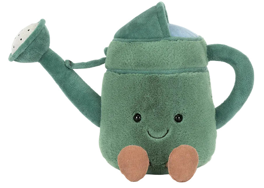 The Jellycat Amuseables Watering Can is a green plush toy with a smiling face, black eyes, two brown feet, plus a spout and handle.