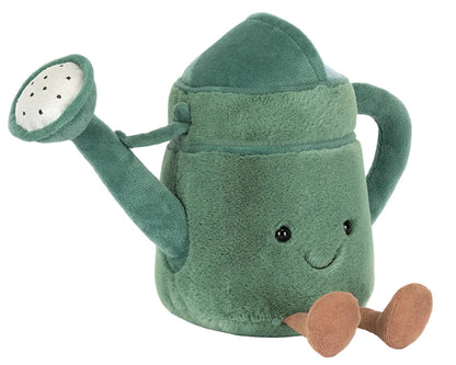 The Jellycat Amuseables Watering Can, a plush toy shaped like a smiling green watering can with brown legs, is displayed against a crisp white background.