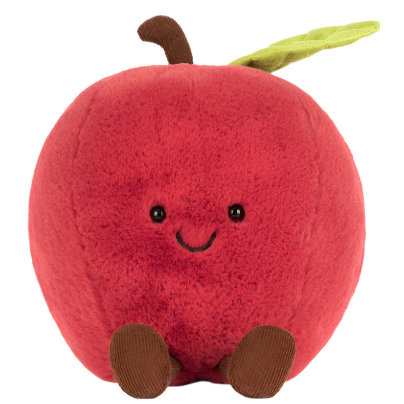 Meet the Amuseables Apple by Jellycat—a plush red apple with a brown stem, green leaf, little arms and legs, black eyes, and a stitched smile.