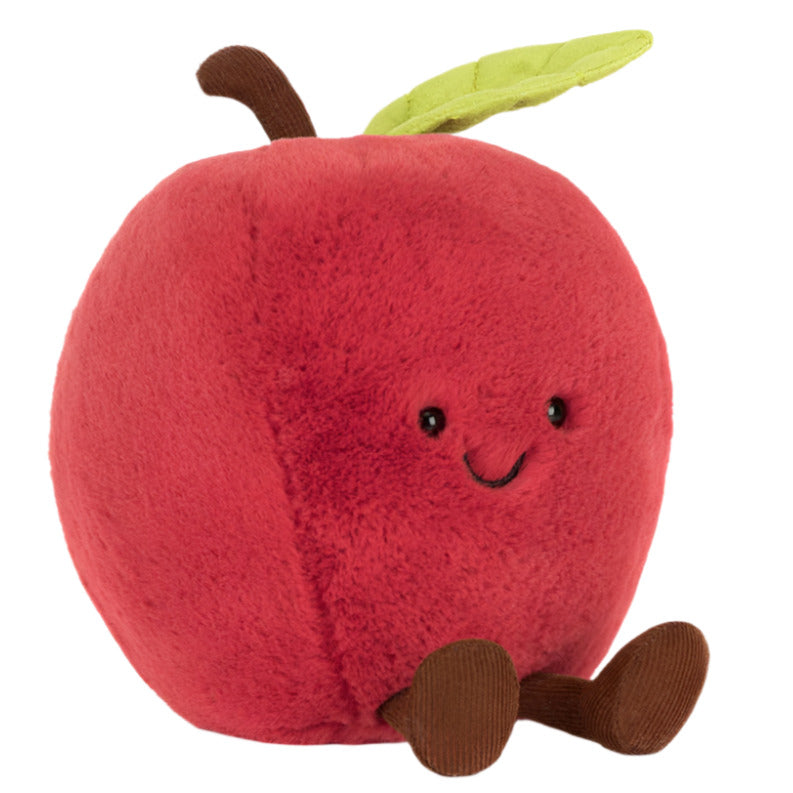 The Jellycat Amuseables Apple is a plush red toy with a brown stem, green leaf, embroidered eyes and smile, plus brown feet—an adorable pick for fans or travel companions in Canada.