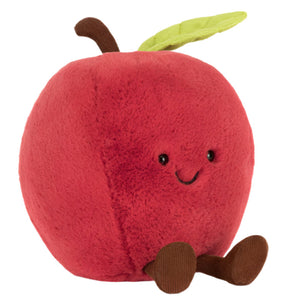 The Jellycat Amuseables Apple is a plush red toy with a brown stem, green leaf, embroidered eyes and smile, plus brown feet—an adorable pick for fans or travel companions in Canada.