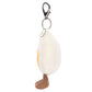 The Jellycat Amuseables Happy Boiled Egg Bag Charm is a plush keychain with a smiling egg and brown legs, attached to a metal keyring and clasp.