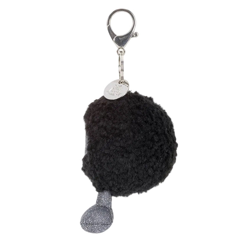 The Jellycat Amuseables Black Hole Bag Charm features a black fluffy pom-pom, a small gray fabric accent, silver clasp, and round metal tag—perfect as a quirky physics gift for science lovers.