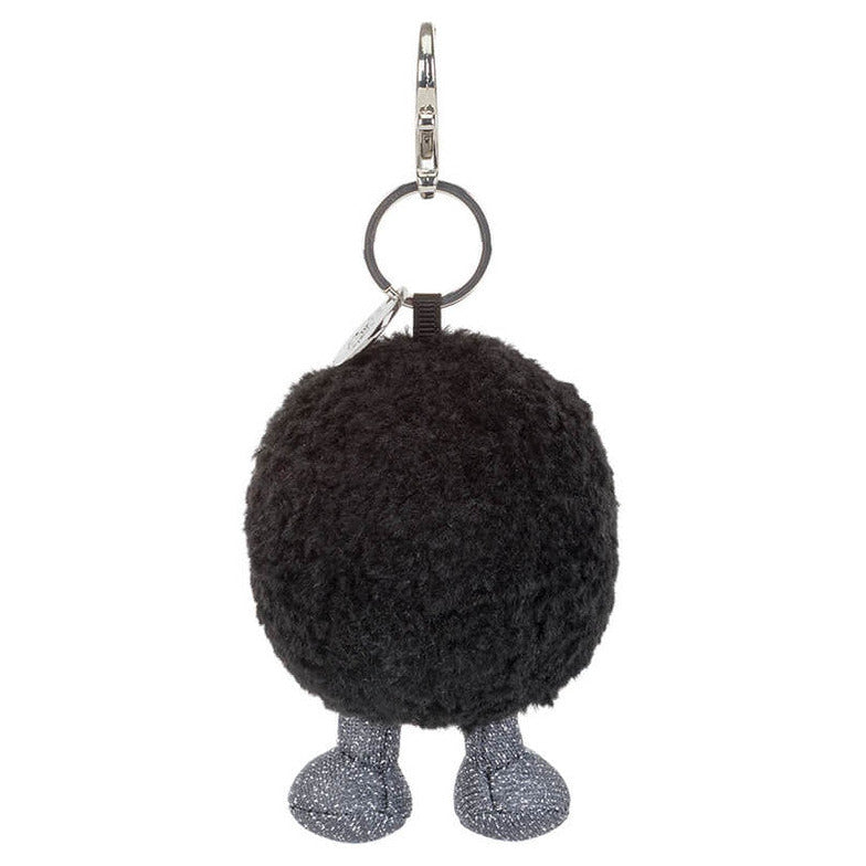 The Jellycat Amuseables Black Hole Bag Charm is a round, fluffy black keychain with glittery gray feet and a metal keyring—an ideal whimsical gift for space enthusiasts.