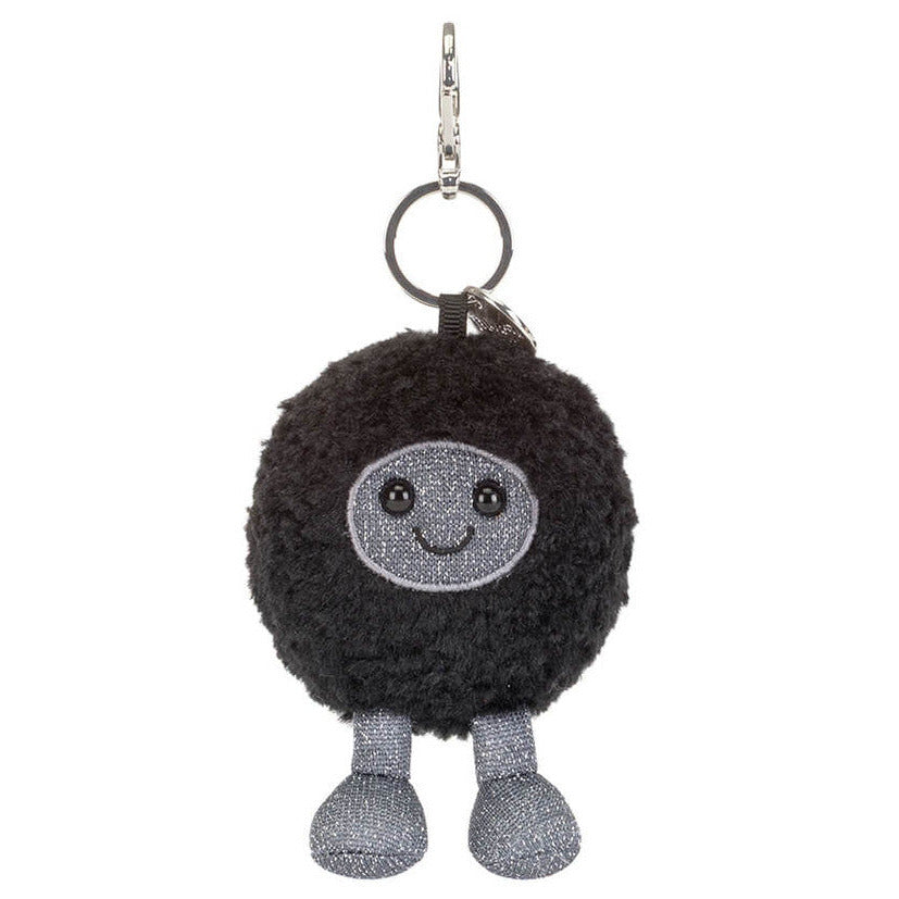 The Jellycat Amuseables Black Hole Bag Charm is a round, black plush keychain with a smiling face, gray legs and arms, plus a metal keyring—an adorable physics-themed accessory or gift.