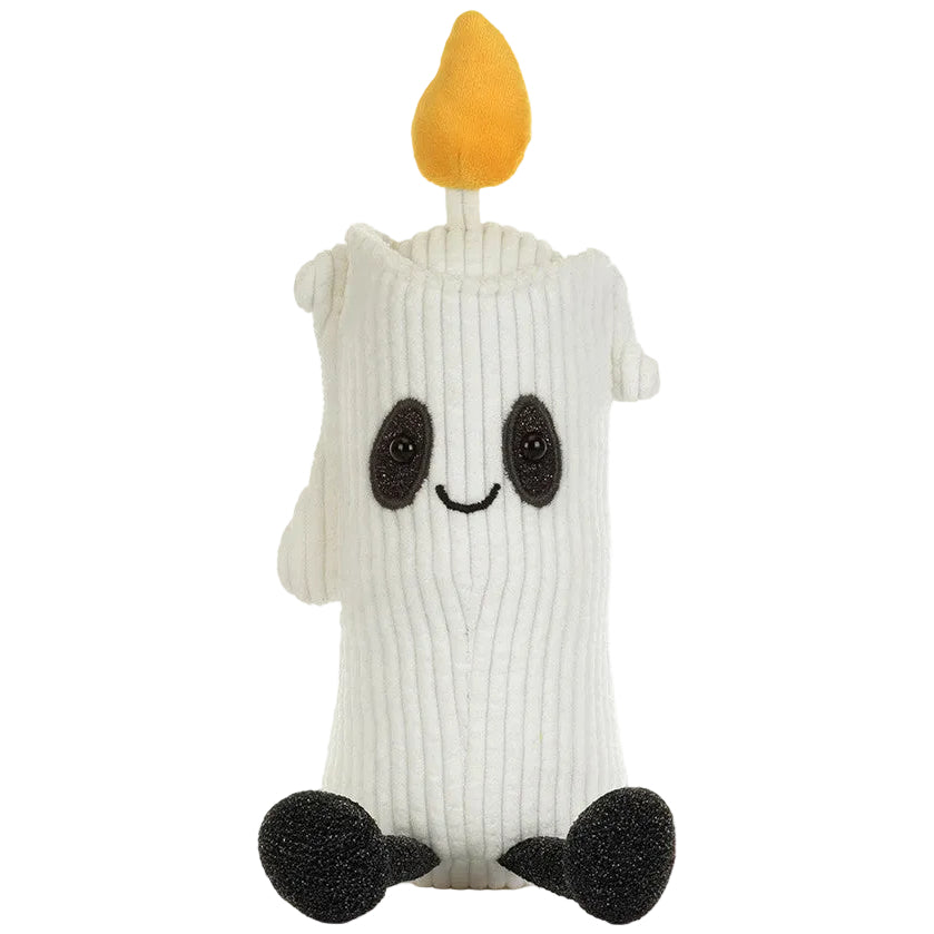Bring a whimsical touch to your Halloween party planning with the Jellycat Amuseables Flickerty Candle—a plush toy shaped like a white candle, featuring a yellow flame, black feet, round black eyes, and a smiling face, all sitting upright.