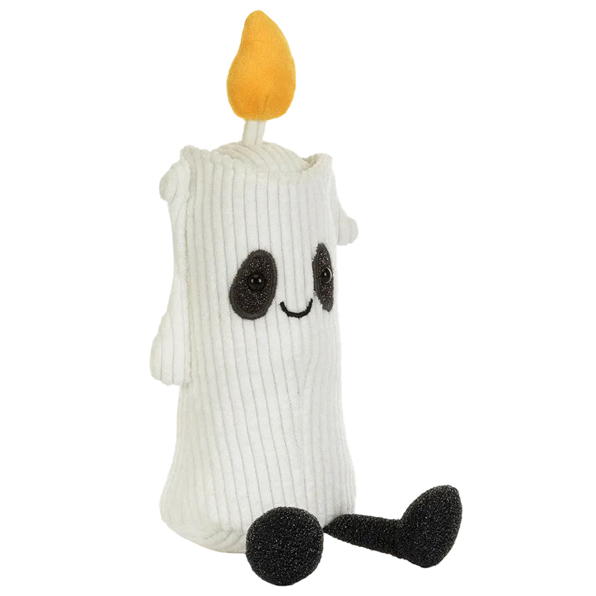 The Amuseables Flickerty Candle by Jellycat is a plush toy shaped like a white candle, featuring a cheerful yellow flame, black oval eyes, a smiling mouth, and quirky black legs sitting forward. This charming creation is the perfect addition for Halloween party planners seeking to infuse their celebrations with cozy whimsy and delightful character.