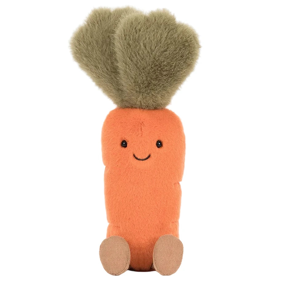 The Jellycat Amuseables Carrot is a carrot-shaped plush toy with a smiling face, two round feet, and fluffy green leaves on top.