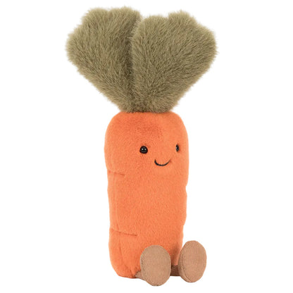 Meet the Jellycat Amuseables Carrot: a plush toy shaped like an orange carrot with a smiling face, brown feet, and two fluffy green leaves on top!.