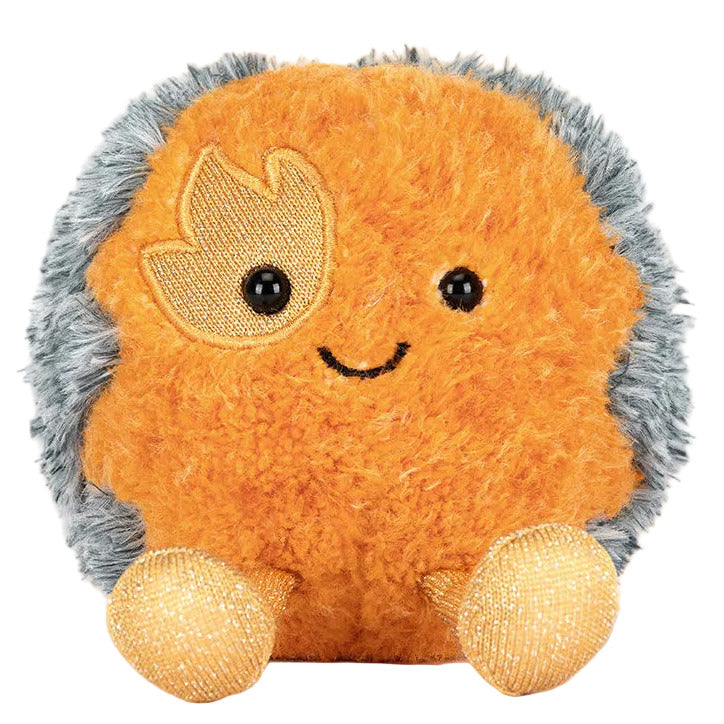 Bring home the Jellycat Amuseables Space Comet, a plush toy shaped like an orange comet with a gray border, gold feet, smiling face, and embroidered flame detail.