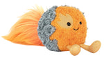 The Jellycat Amuseables Space Comet plush toy features a round orange and gray body, a fluffy orange tail, embroidered face, leaf-shaped cheek patch, and two small gold legs.